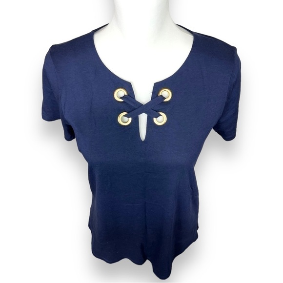 MICHAEL Kors Navy Cross Front Shirt with Gold Accents, Size Small- NWT - Picture 3 of 8